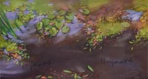 "Skats no tilta. Ūdenszāļu mežģīnes"56x104, aud., eļļa, 2020