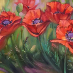 Oranžās magones 60x40, aud., eļļa, 2024.